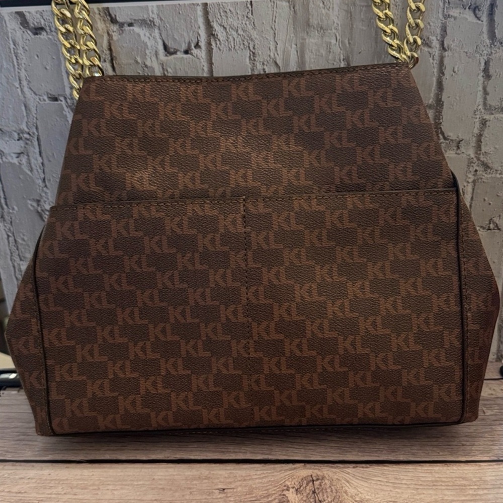 Karl Lagerfeld Paris Vegan Brown Monogram Triple Entry Tote Handbag - Picture 3 of 12